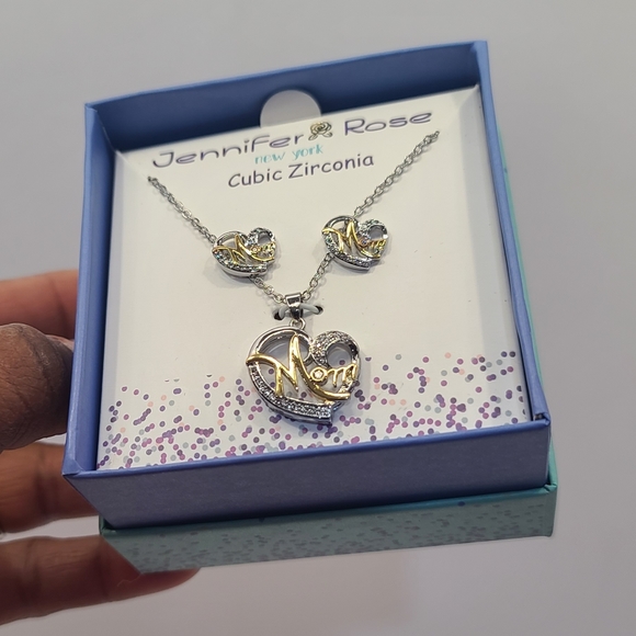 Jennifer Rose Jewelry - CZ Silver/Gold Plated Mom Heart Pendant Necklace With Matching Earrings Gift Set